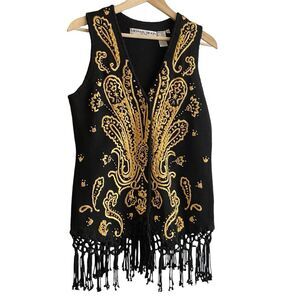 VTG 1993 Michael Simon Vest Black Gold Beaded Embroider Fringe Sweater Vest Sz M